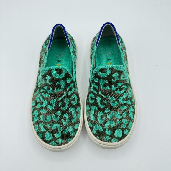 Rothy’s Aqua Cheetah Animal Print Slip-On Sneakers Kid’s Size 10 - Picture 3 of 9